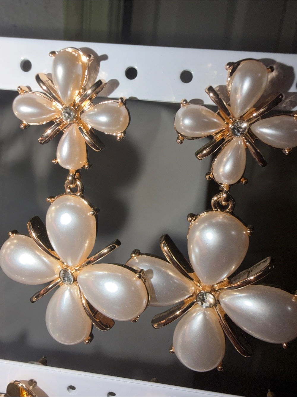 Gold Pearl Floral Drop Earrings - Women Jewelry